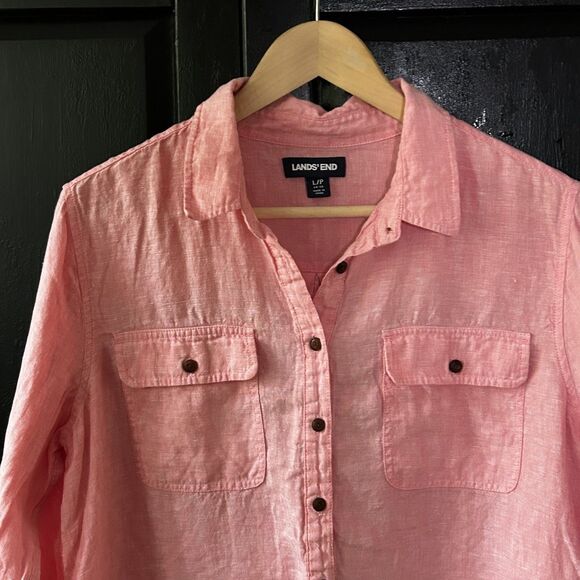 Lands' End Top Size Large 100% Linen Button Up Long Sleeve Pink Shirt Women's - Picture 2 of 7